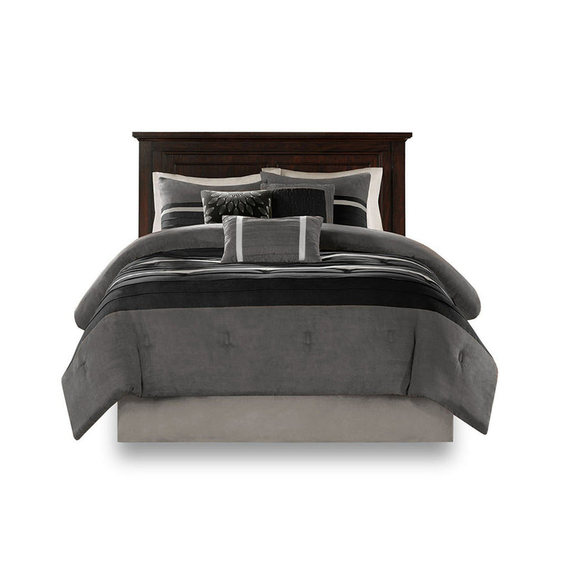 7 Pc Pieced Faux Suede Comforter Set in Black for Queen Beds, photo 12 of 12