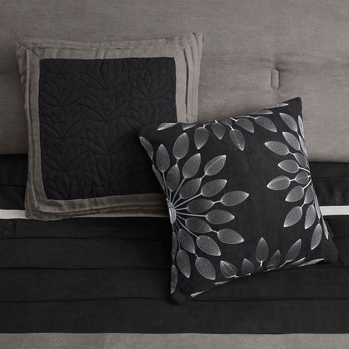 7 Pc Pieced Faux Suede Comforter Set in Black for Queen Beds, photo 2 of 12