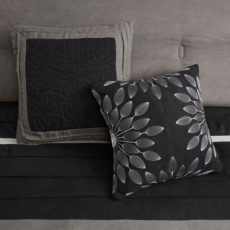 7 Pc Pieced Faux Suede Comforter Set in Black for Queen Beds, photo 2 of 12