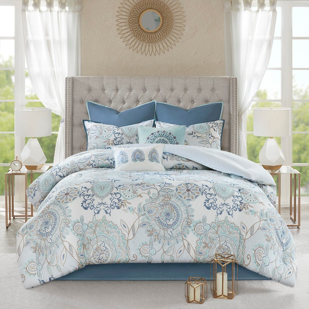 8 Piece Cotton Floral Printed Reversible Comforter Set Blue, photo 26 of 40