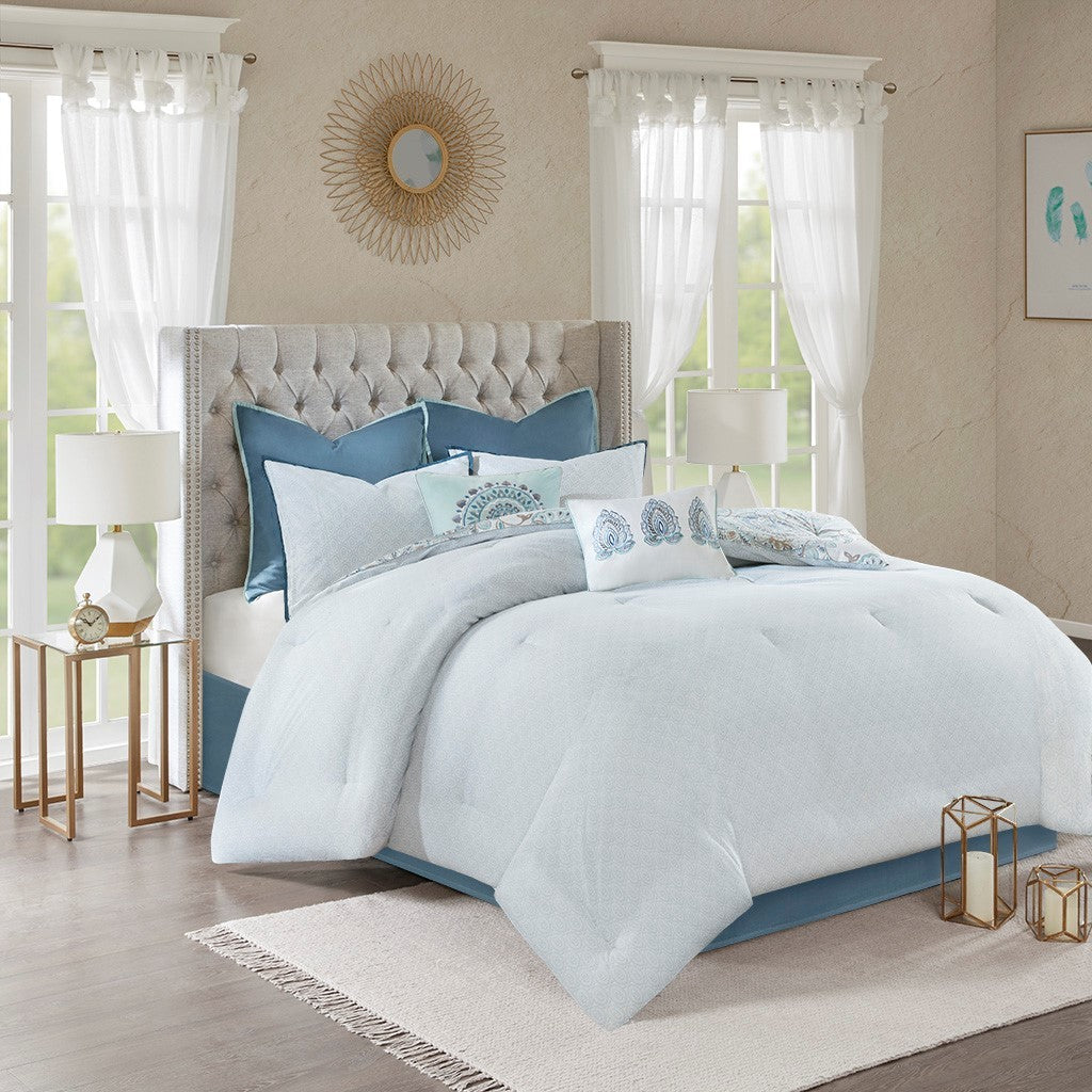 8 Piece Cotton Floral Printed Reversible Comforter Set Blue, photo 3 of 40