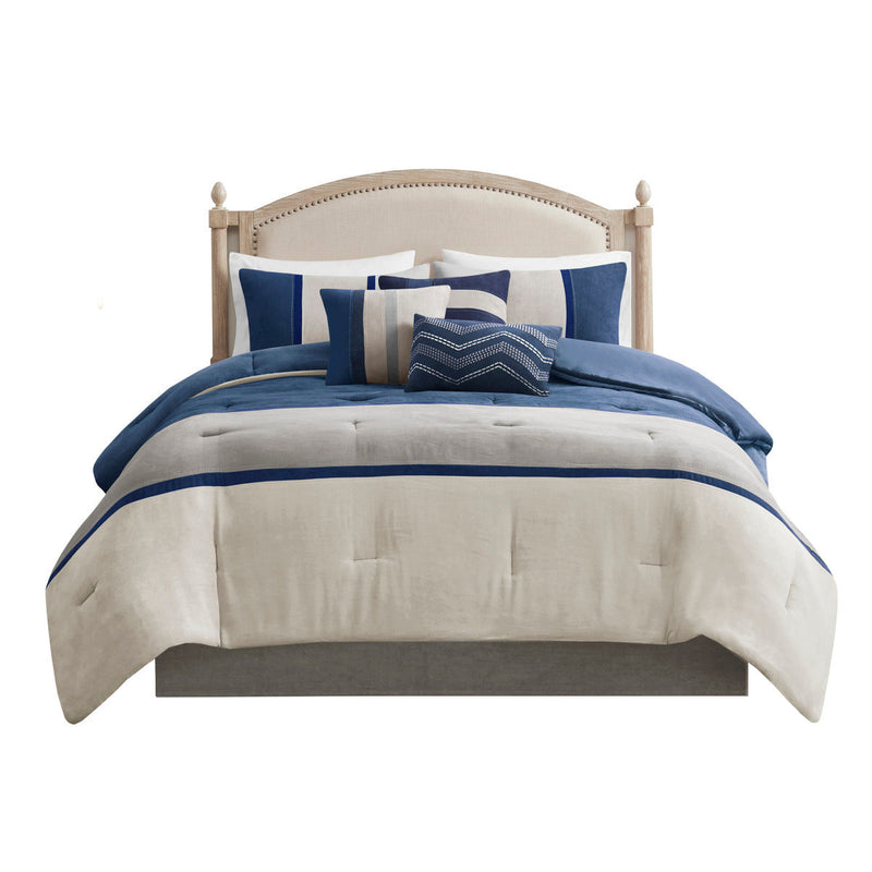 Blue Faux Suede 7 Piece Comforter Set with Coordinated Pillows - California King, photo 8 of 17