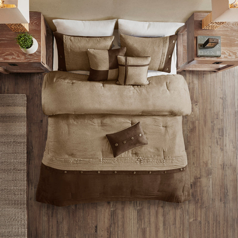 7 Piece Faux Suede Comforter Set Brown King, photo 4 of 14