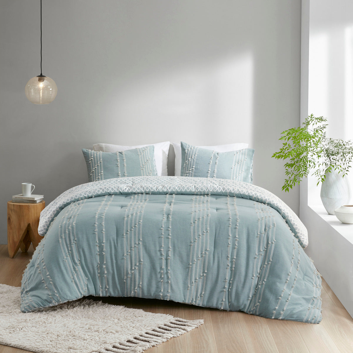 3 Piece Cotton Jacquard Comforter Set Aqua Full/Queen, photo 17 of 19