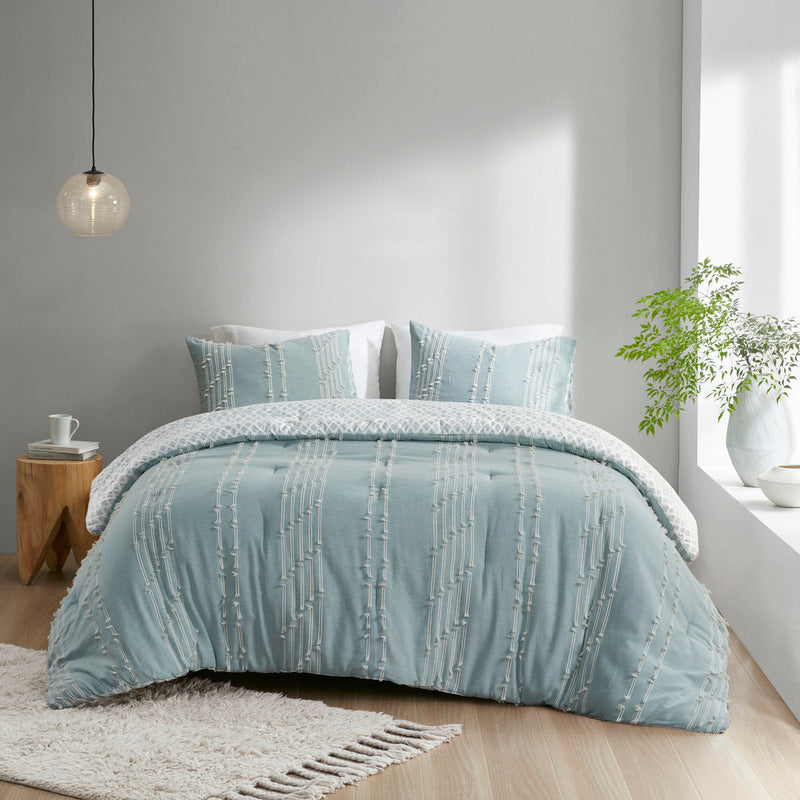 3 Piece Cotton Jacquard Comforter Set Aqua Full/Queen, photo 17 of 19