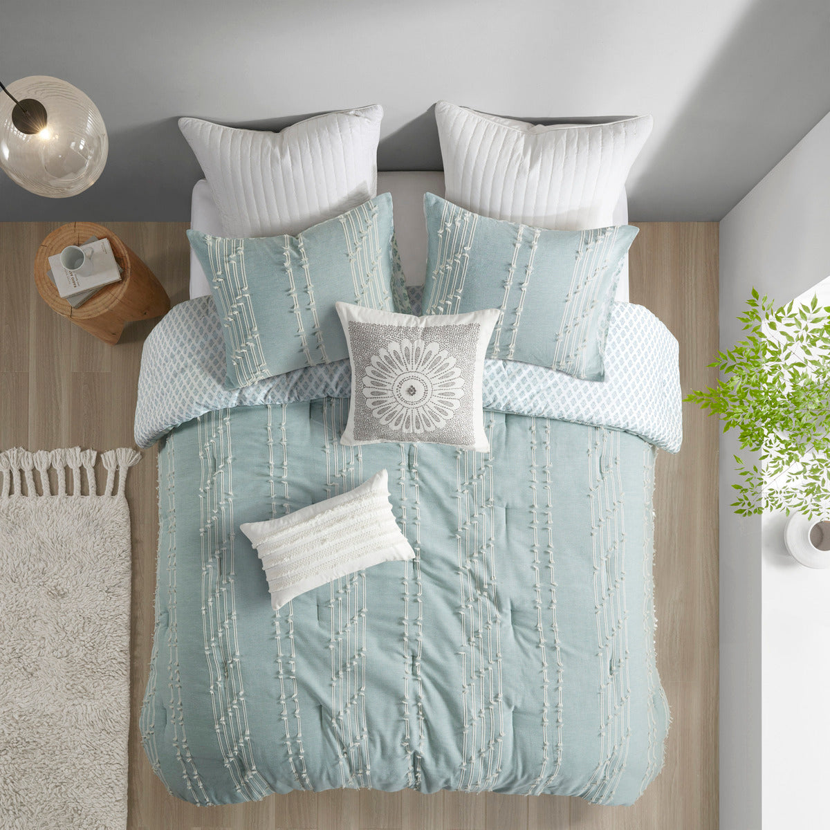 3 Piece Cotton Jacquard Comforter Set Aqua Full/Queen, photo 2 of 19