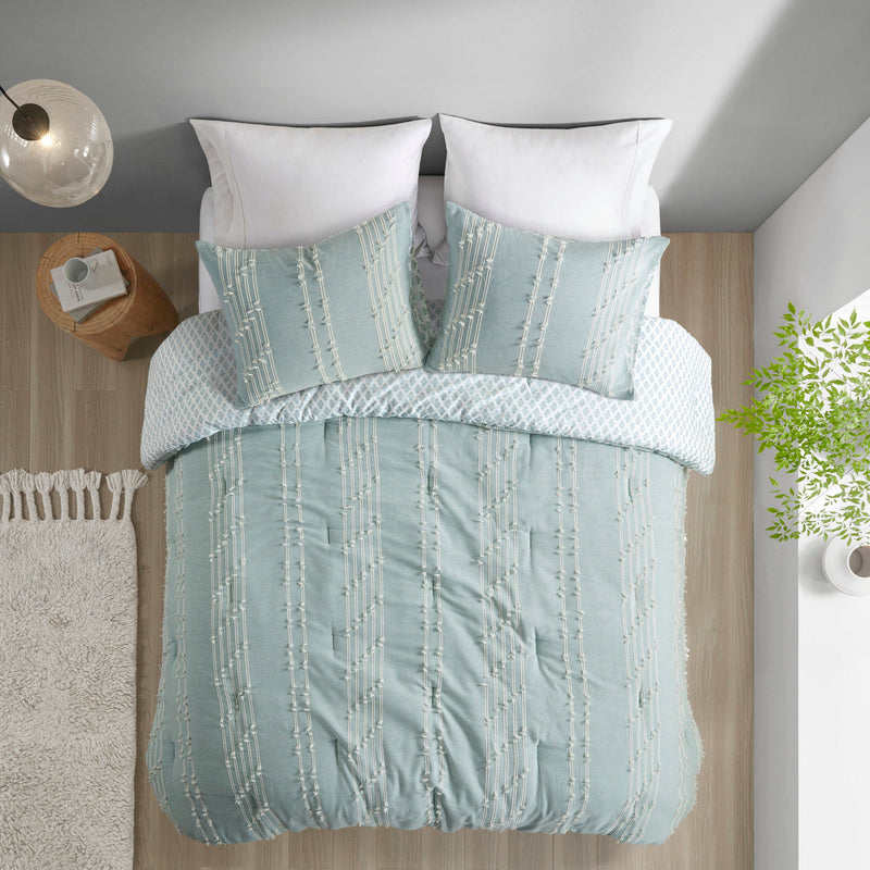 3 Piece Cotton Jacquard Comforter Set Aqua Full/Queen, photo 3 of 19