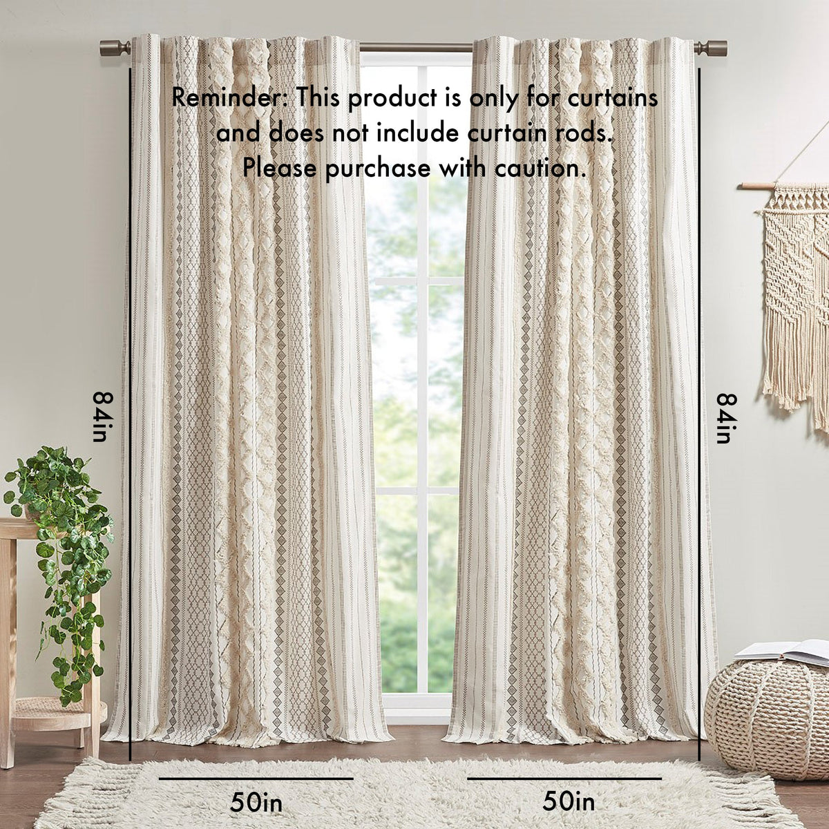 Cotton Printed Curtain Panel with Chenille Stripe and Lining Ivory 50x84, photo 3 of 12