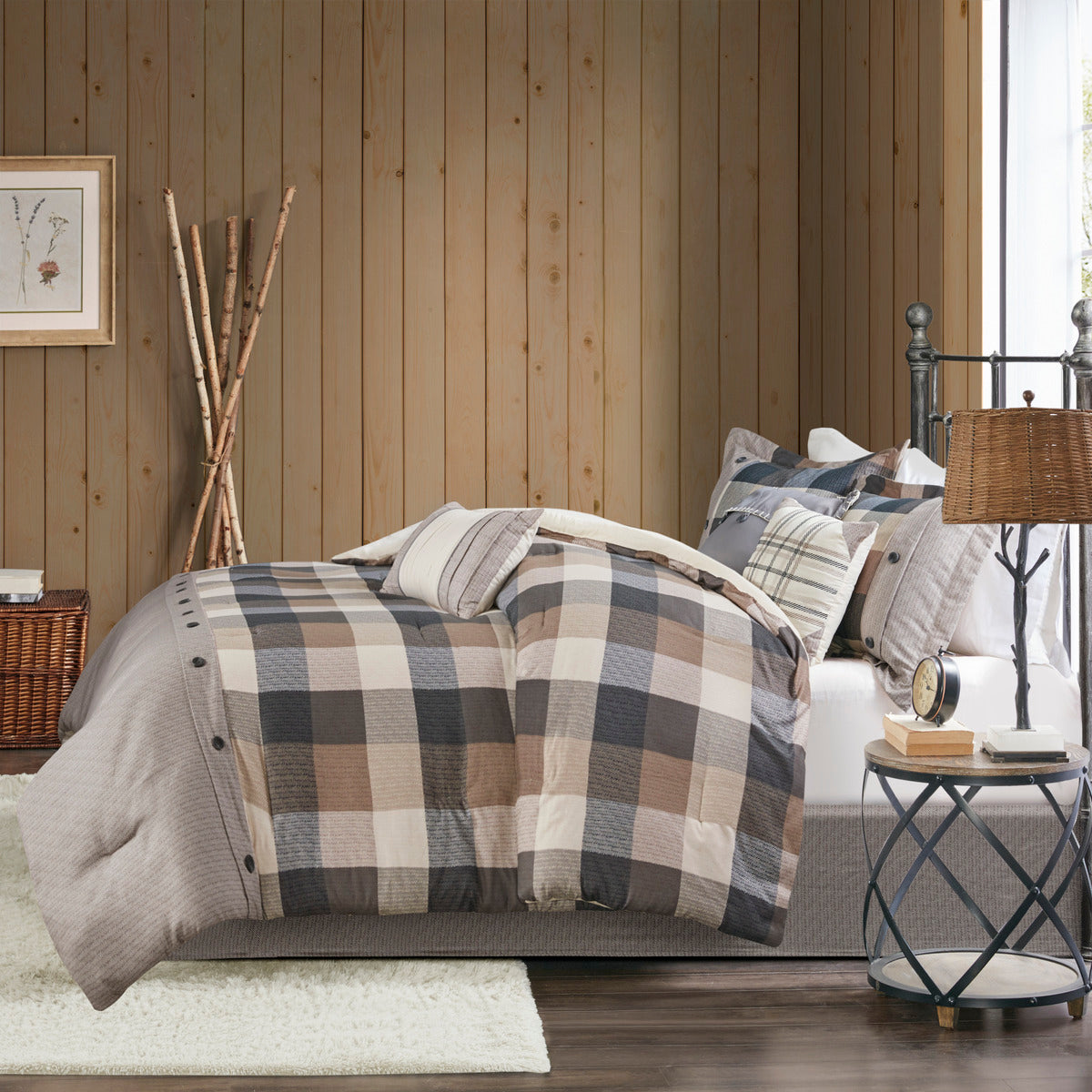 Herringbone Comforter Set with Buffalo Plaid - King, Neutral, 7 Piece, photo 2 of 13