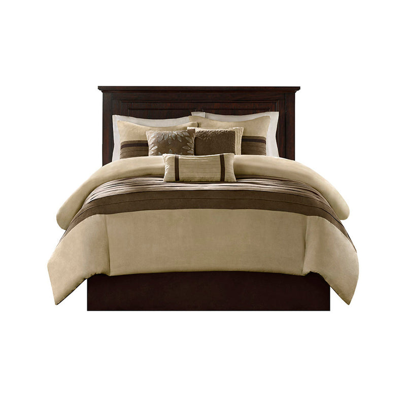 7 Pc Pieced Faux Suede Comforter Set Natural Cal King, photo 10 of 12
