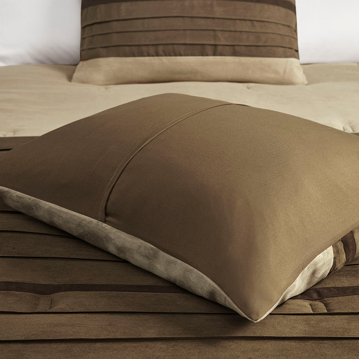 7 Pc Pieced Faux Suede Comforter Set Natural Cal King, photo 11 of 12