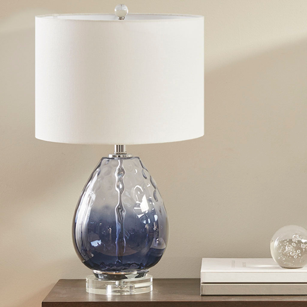 Ombre Glass Table Lamp with Blue Glass Base and Drum Shade, photo 2 of 6