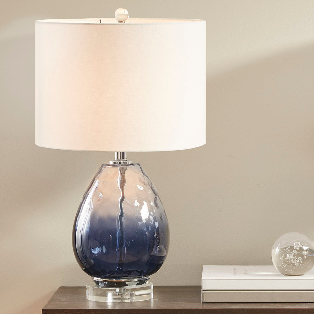 Ombre Glass Table Lamp with Blue Glass Base and Drum Shade, photo 4 of 6