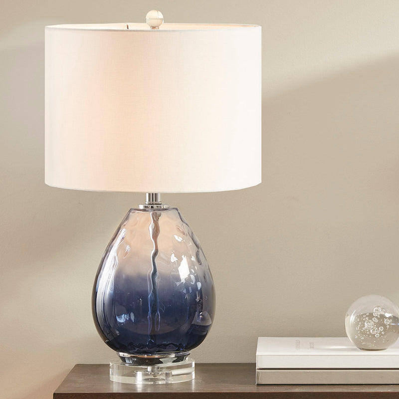 Ombre Glass Table Lamp with Blue Glass Base and Drum Shade, photo 4 of 6