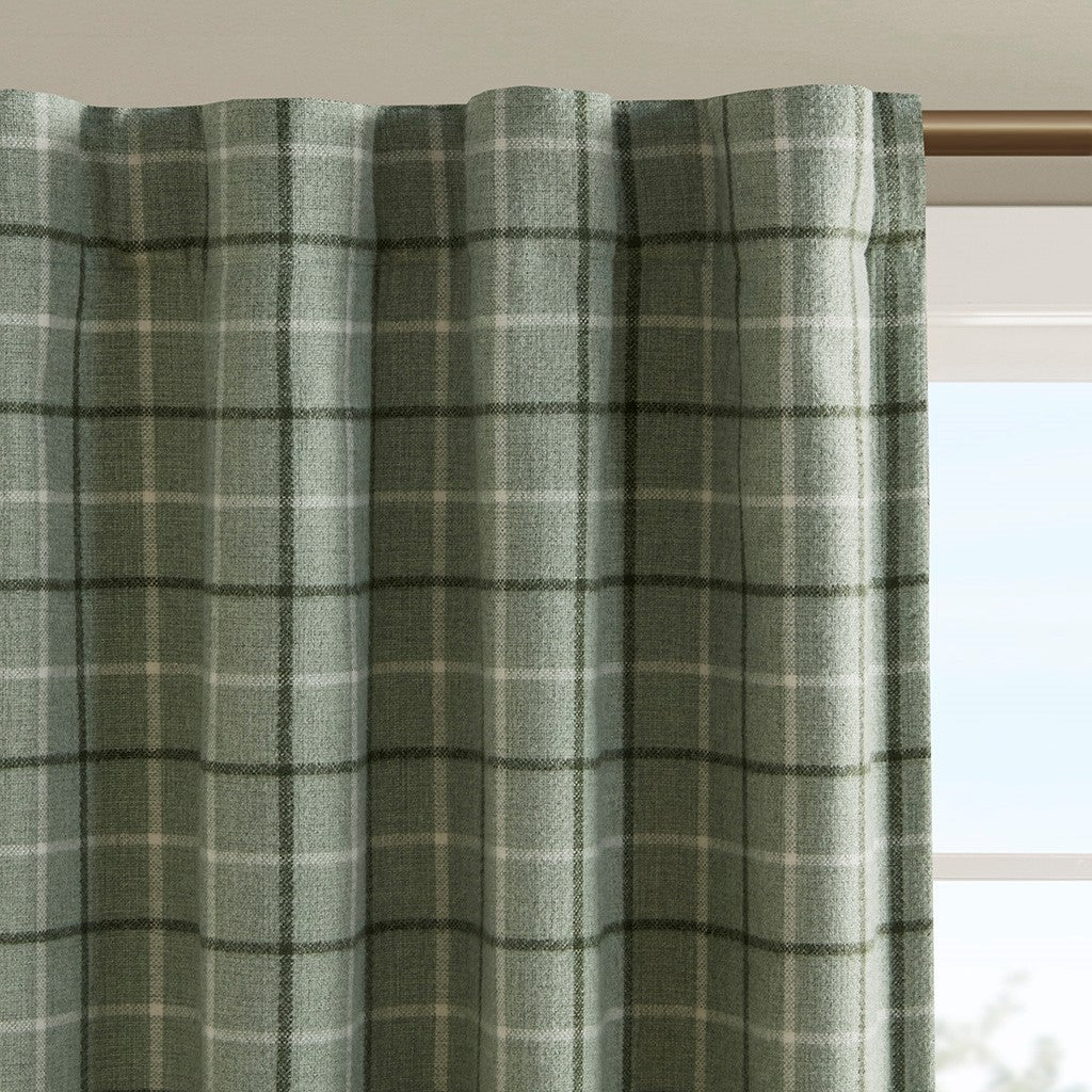 Plaid Rod Pocket and Back Tab Curtain Panel with Fleece Lining Green 50x84, photo 2 of 9