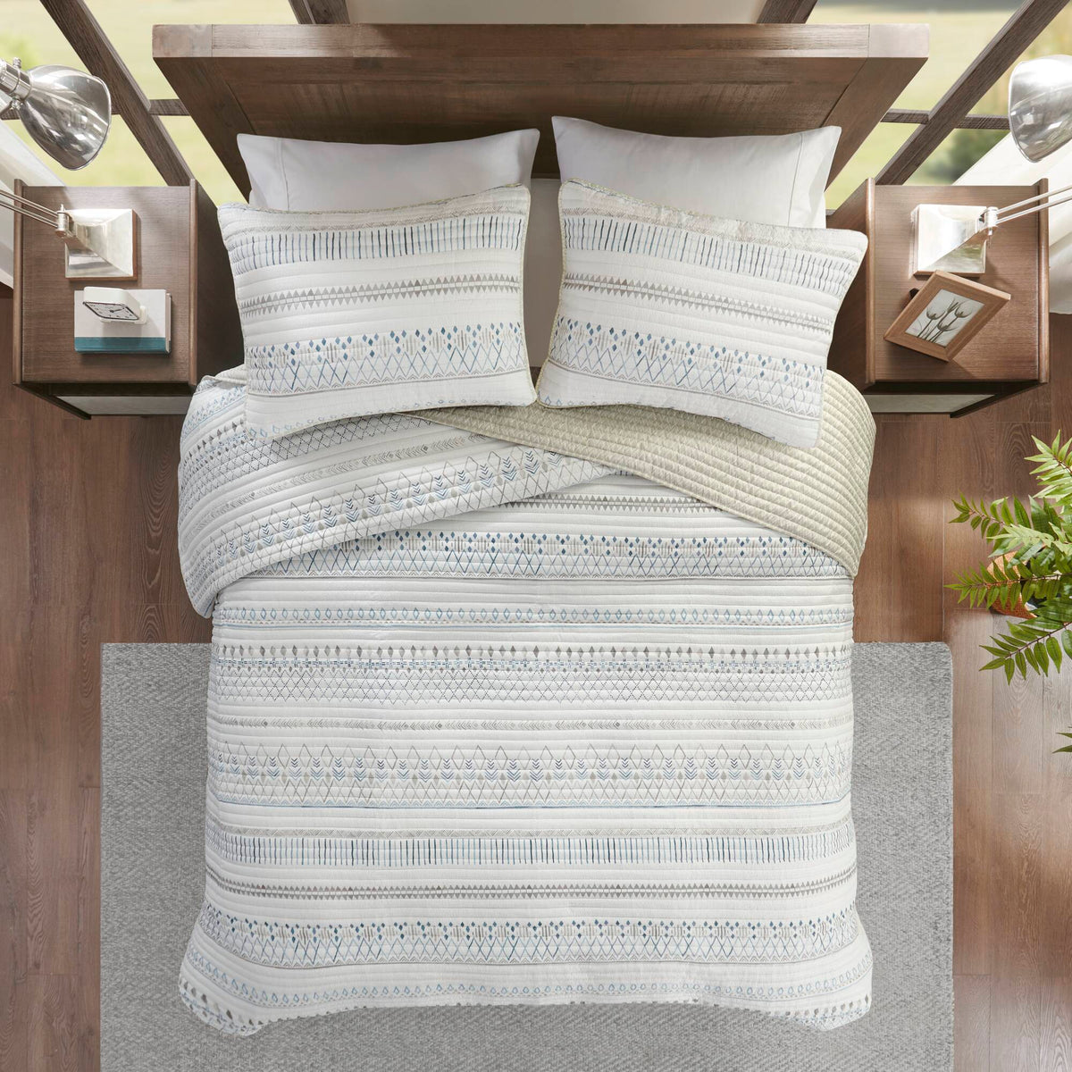 Printed Microfiber Seersucker Quilt Set with Reversible Design - Taupe/Blue, photo 2 of 11