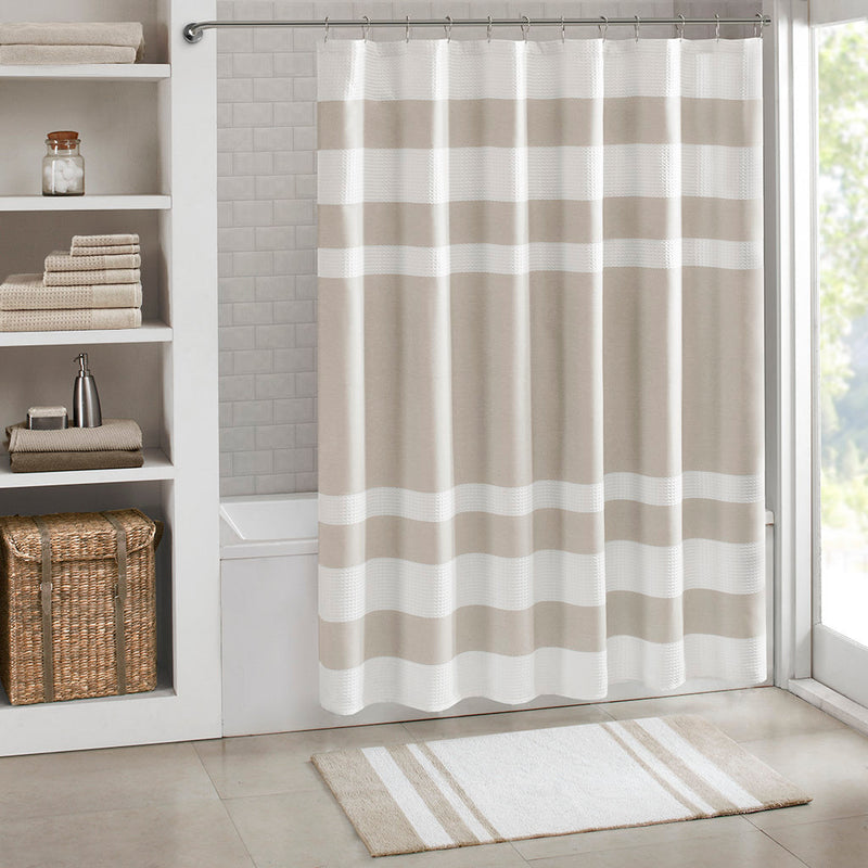 Reversible Cotton Bath Rug with Dual-Sided Textures – Taupe Stripes