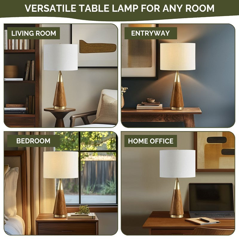 Triangular Table Lamp with Espresso Wood Grain and Linen Shade - Gold & Brown, photo 3 of 11
