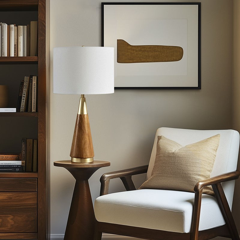 Triangular Table Lamp with Espresso Wood Grain and Linen Shade - Gold & Brown, photo 4 of 11