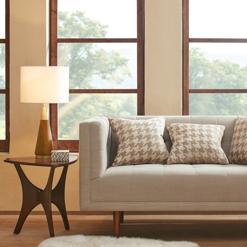 Triangular Table Lamp with Espresso Wood Grain and Linen Shade - Gold & Brown, photo 5 of 11