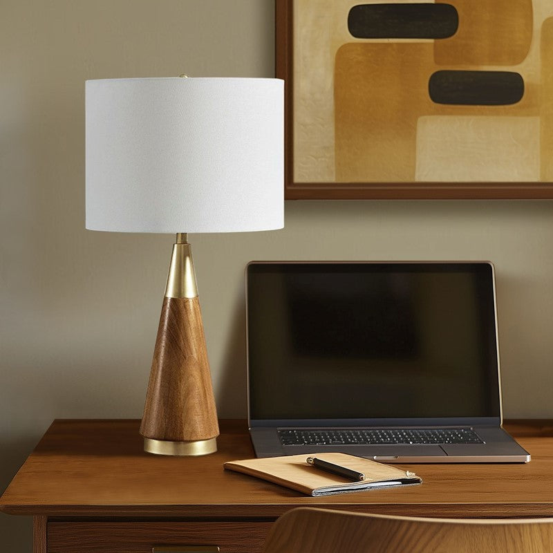Triangular Table Lamp with Espresso Wood Grain and Linen Shade - Gold & Brown, photo 6 of 11