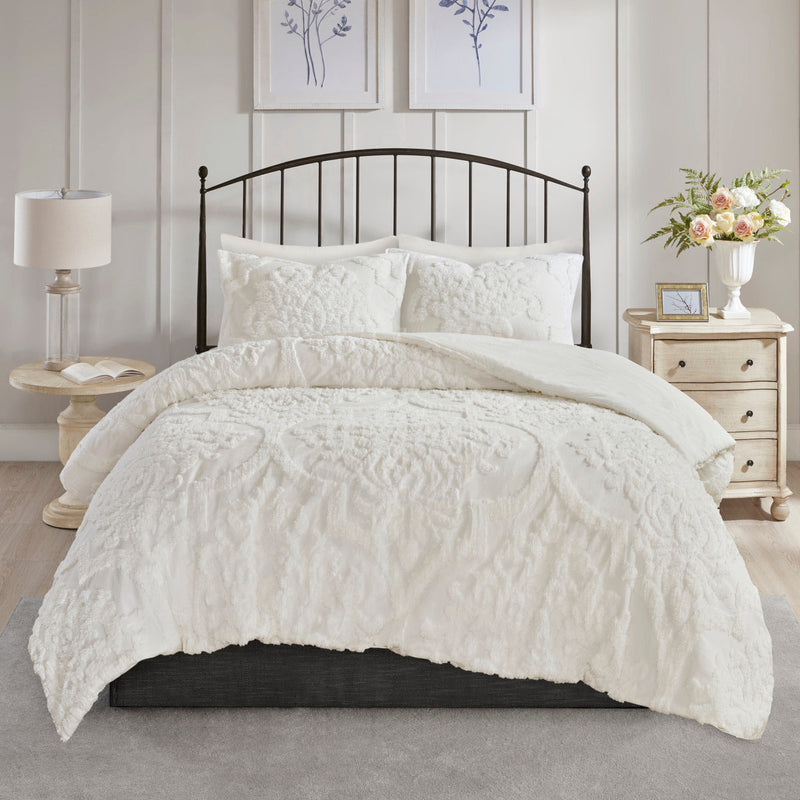 Tufted Cotton Chenille Damask Comforter Set with Shams - Off White, photo 2 of 9
