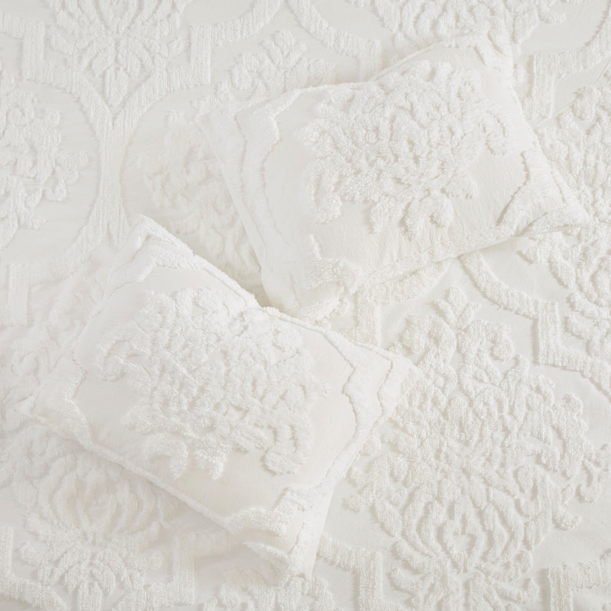 Tufted Cotton Chenille Damask Comforter Set with Shams - Off White, photo 6 of 9