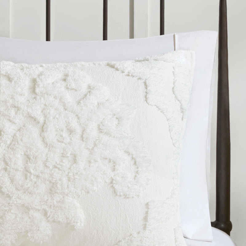 Tufted Cotton Chenille Damask Comforter Set with Shams - Off White, photo 7 of 9