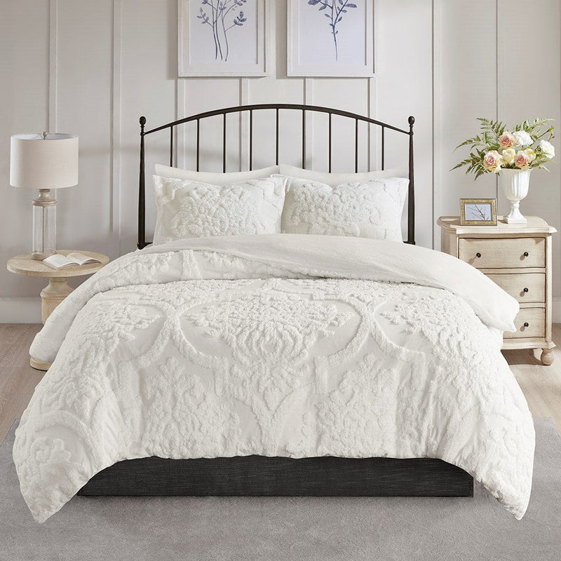 Tufted Cotton Chenille Damask Duvet Cover Set with Shams - Off-White