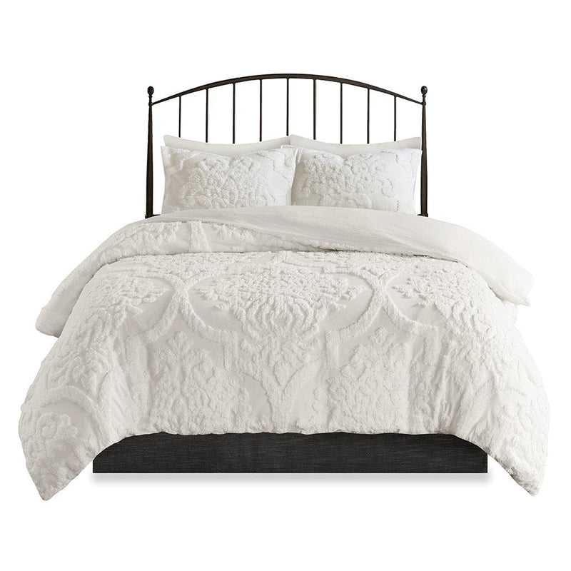Tufted Cotton Chenille Damask Duvet Cover Set with Shams - Off-White, photo 2 of 16