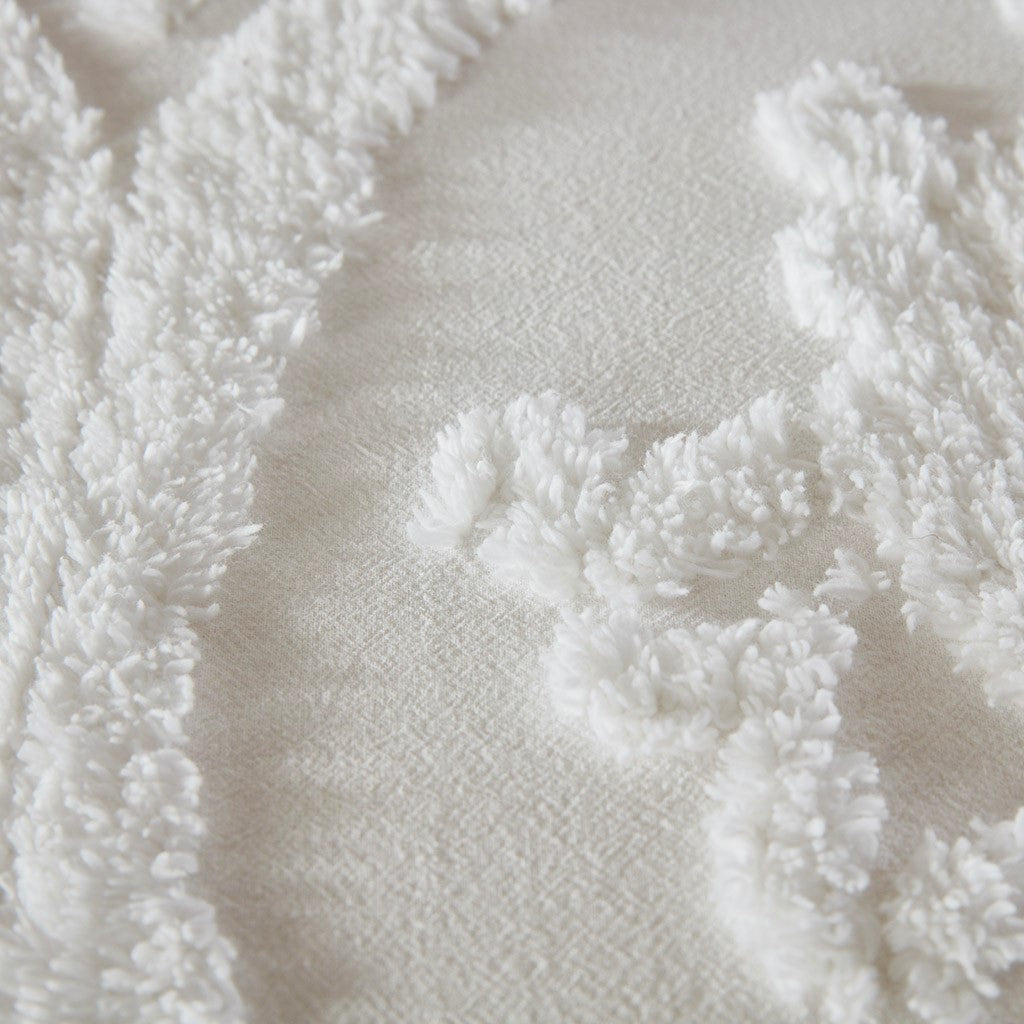 Tufted Cotton Chenille Damask Duvet Cover Set with Shams - Off-White, photo 3 of 16