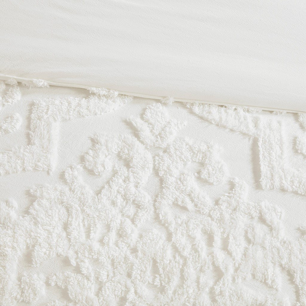 Tufted Cotton Chenille Damask Duvet Cover Set with Shams - Off-White, photo 4 of 16