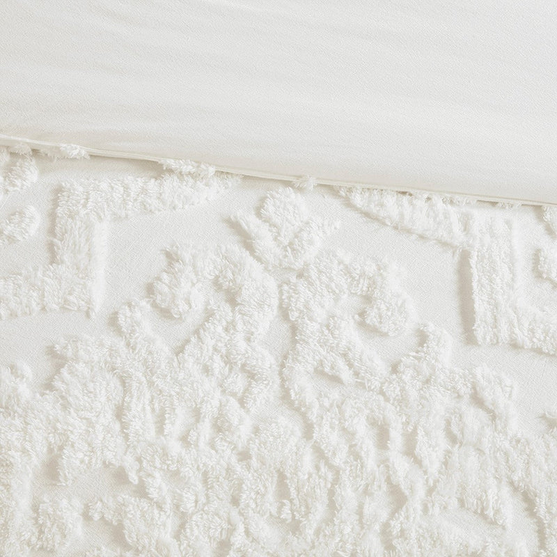 Tufted Cotton Chenille Damask Duvet Cover Set with Shams - Off-White, photo 4 of 16