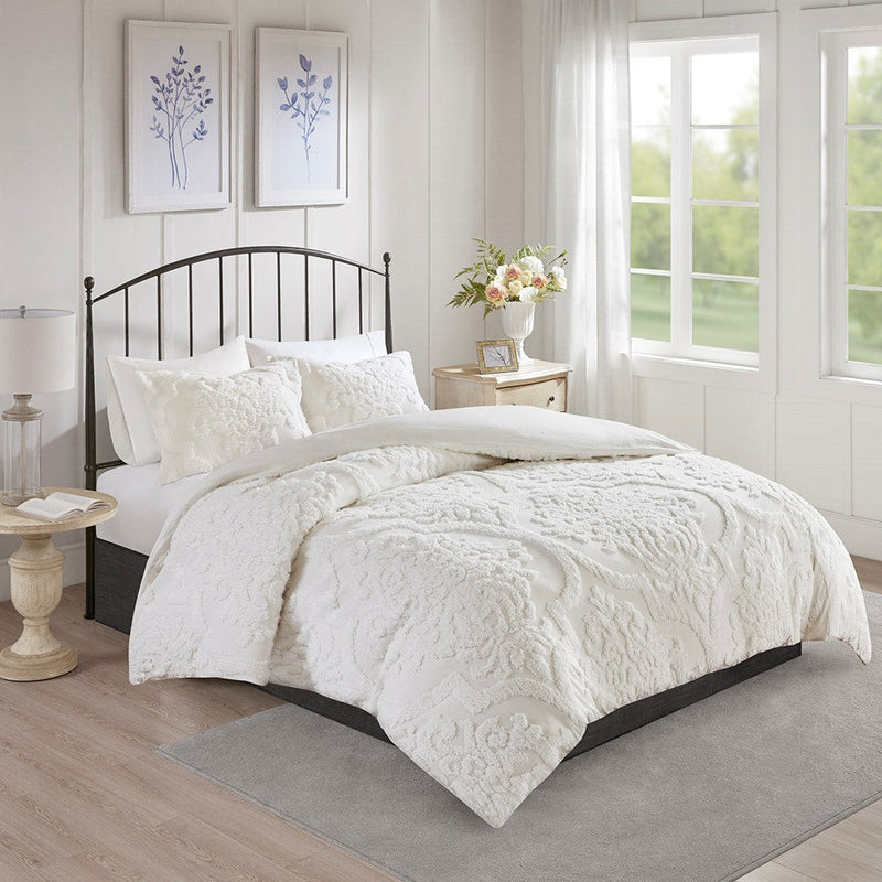 Tufted Cotton Chenille Damask Duvet Cover Set with Shams - Off-White, photo 5 of 16