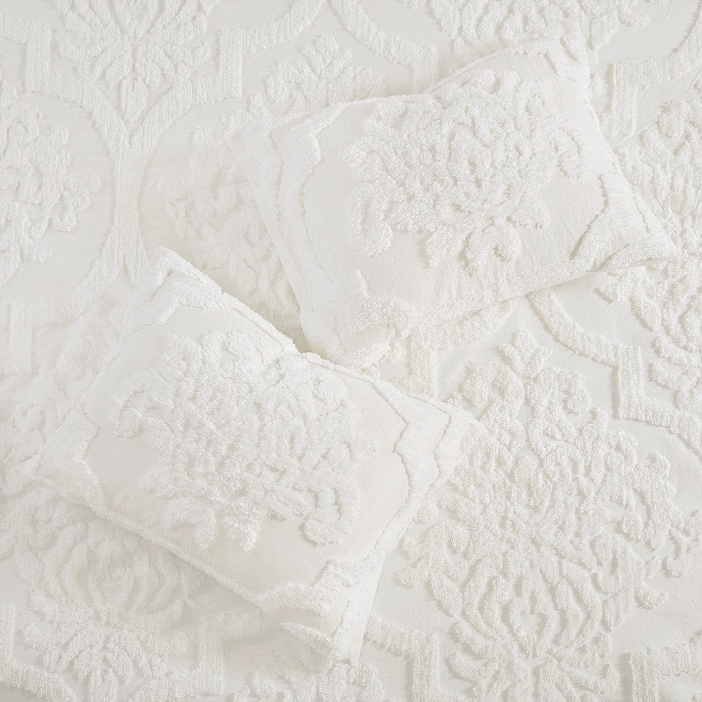 Tufted Cotton Chenille Damask Duvet Cover Set with Shams - Off-White, photo 8 of 16