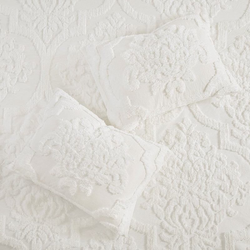 Tufted Cotton Chenille Damask Duvet Cover Set with Shams - Off-White, photo 8 of 16