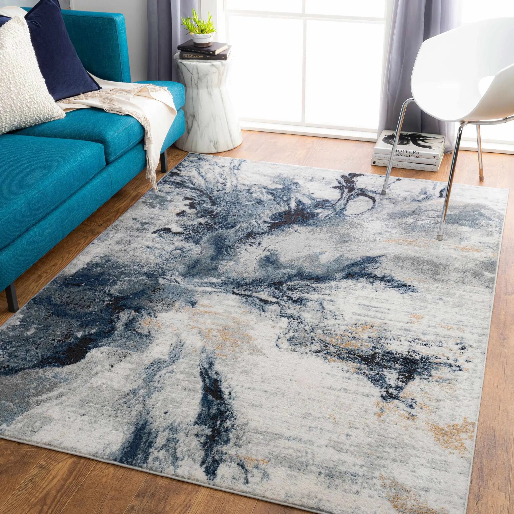 Kirkland Dark Blue Marble Rug by Boutique Rugs