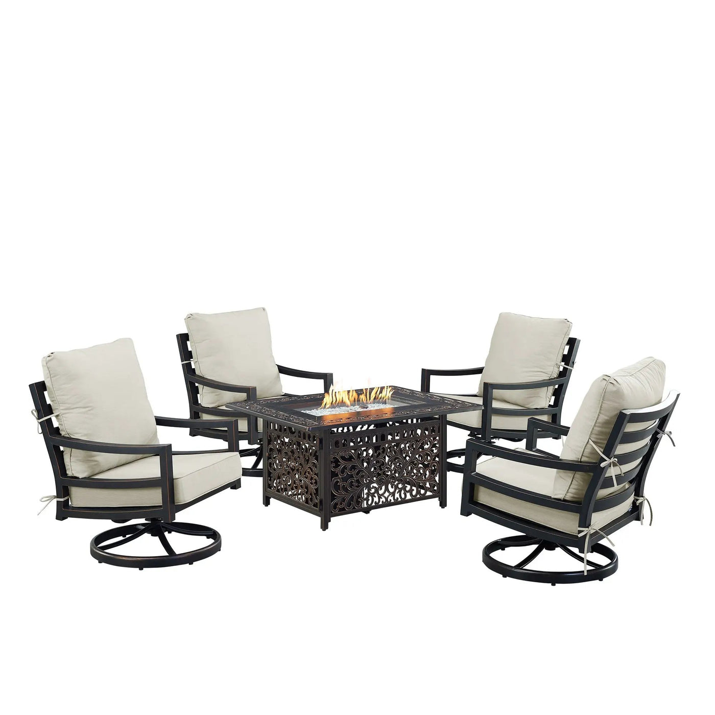 Black Aluminum Fire Table Set with Four Club Chairs by Sharicks