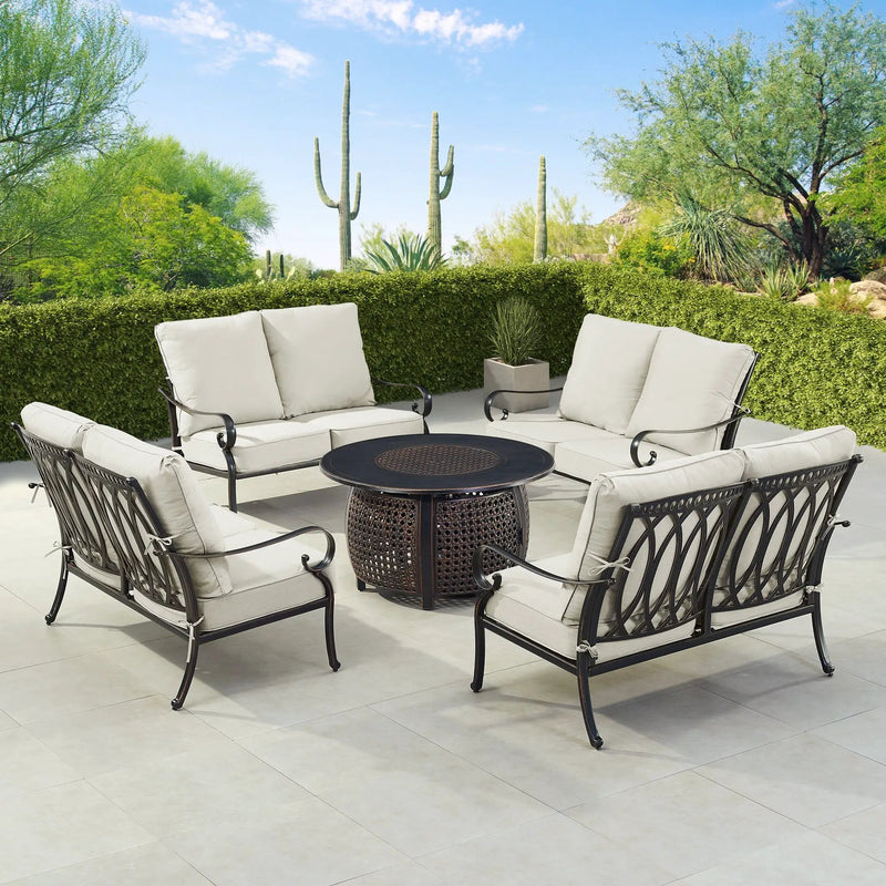 Black Aluminum Fire Table Set with Four Deep Seating Loveseats by Sharicks