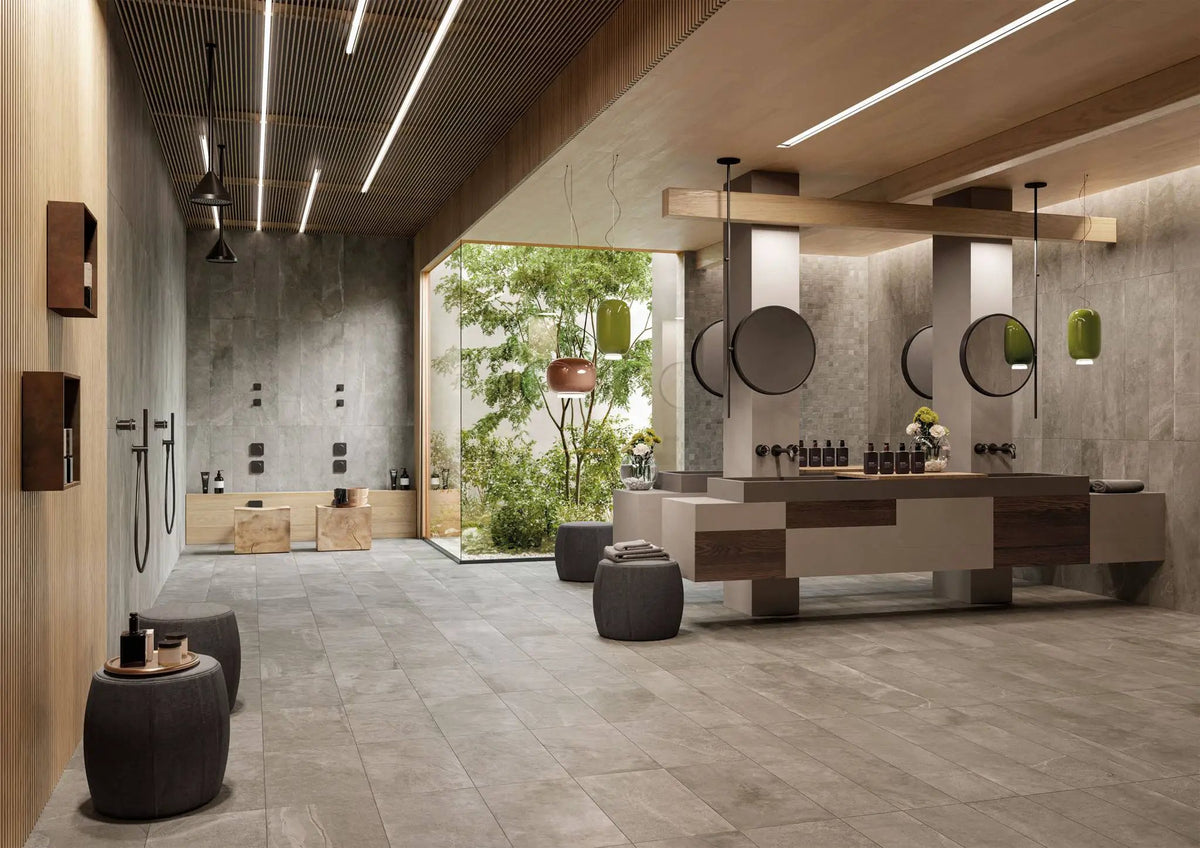 Journey Modern Grey Stone Look Porcelain Tiles 12x24 by landmarkceramics