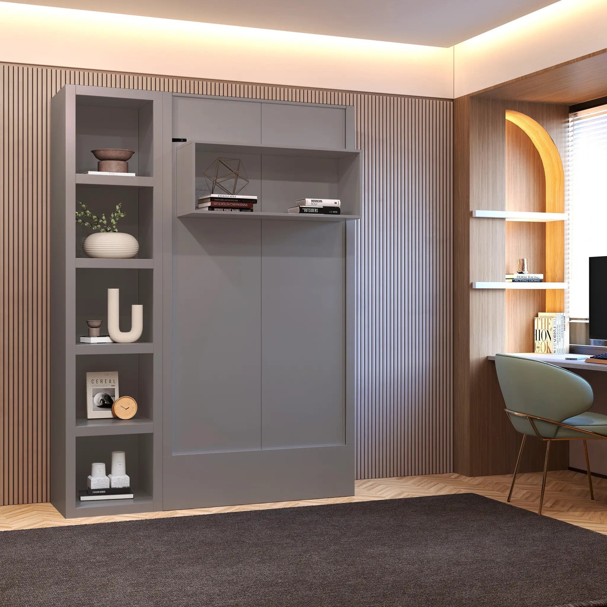 Easy-Lift Twin Murphy Wall Bed in Grey with Bookshelf by Sharicks