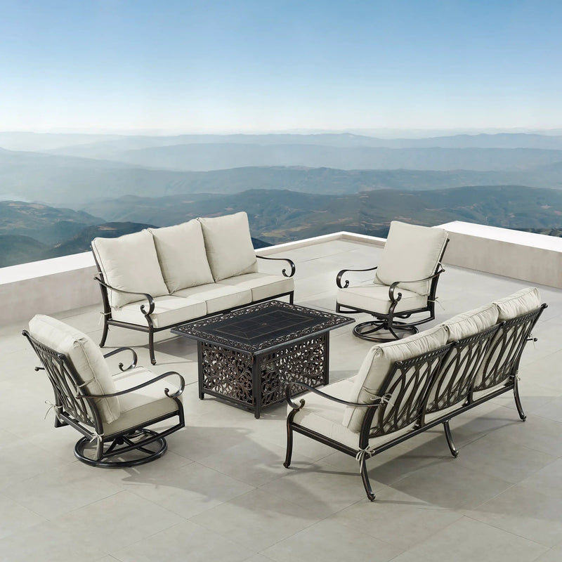 Black Aluminum Fire Table Set with Two Sofas and Two Club Chairs by Sharicks