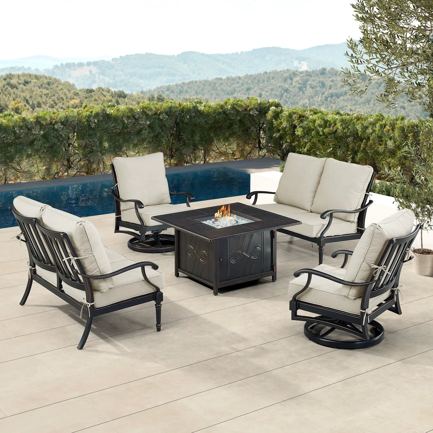 Black Aluminum Fire Table Set with Two Loveseats and Two Club Chairs by Sharicks
