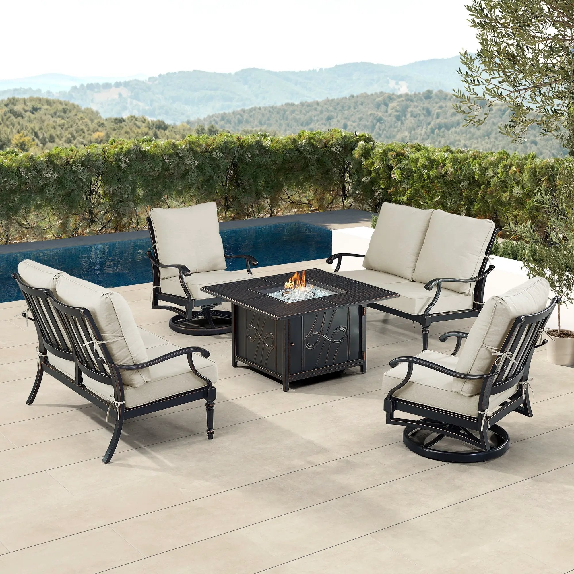 Black Aluminum Fire Table Set with Two Loveseats and Two Club Chairs by Sharicks