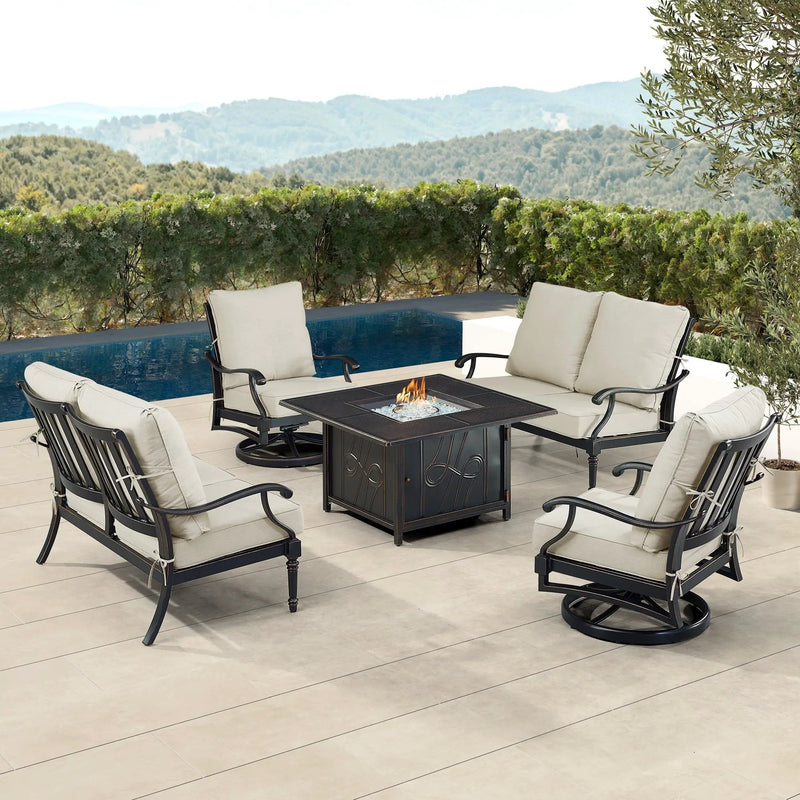 Black Aluminum Fire Table Set with Two Loveseats and Two Club Chairs by Sharicks