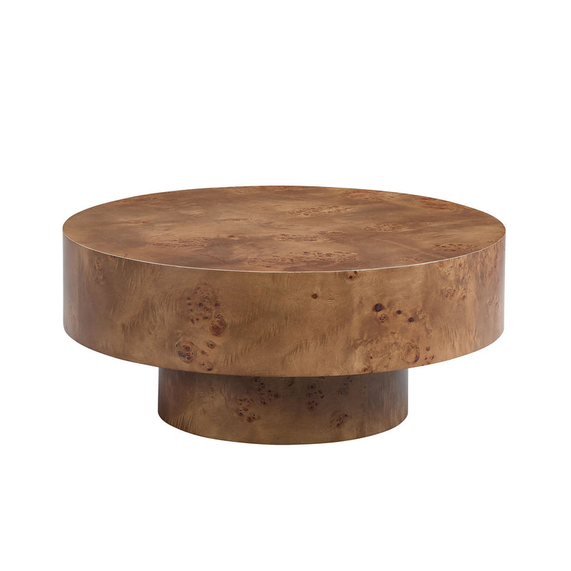 Walnut Burl Wood Veneer Round Coffee Table with Pedestal Base - Walnut