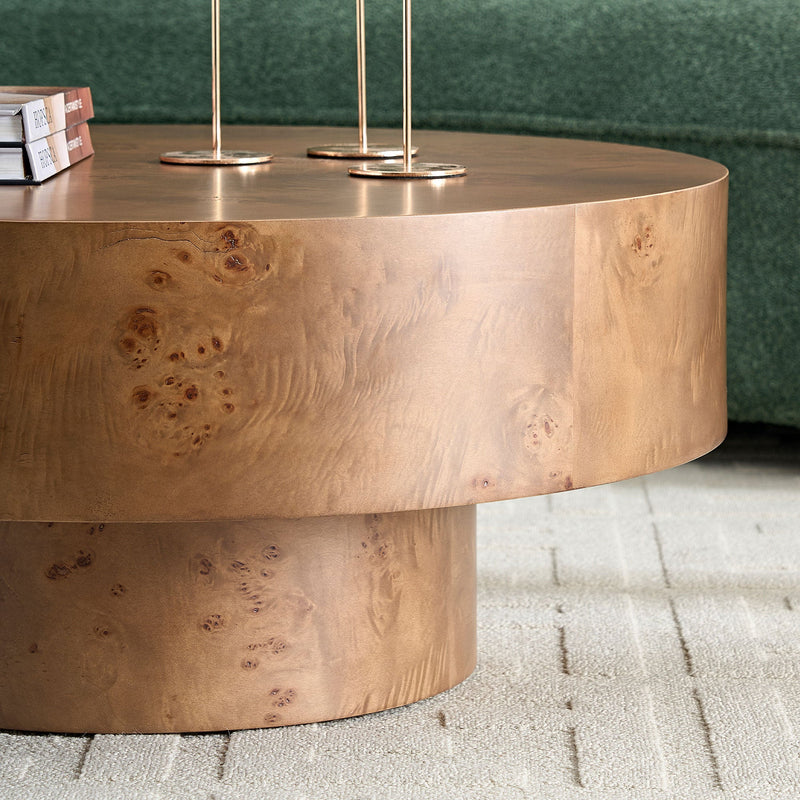 Walnut Burl Wood Veneer Round Coffee Table with Pedestal Base - Walnut, photo 10 of 16