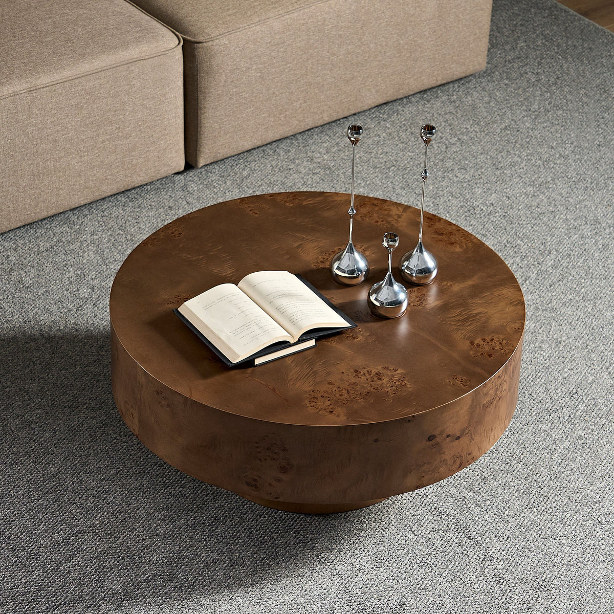 Walnut Burl Wood Veneer Round Coffee Table with Pedestal Base - Walnut, photo 13 of 16