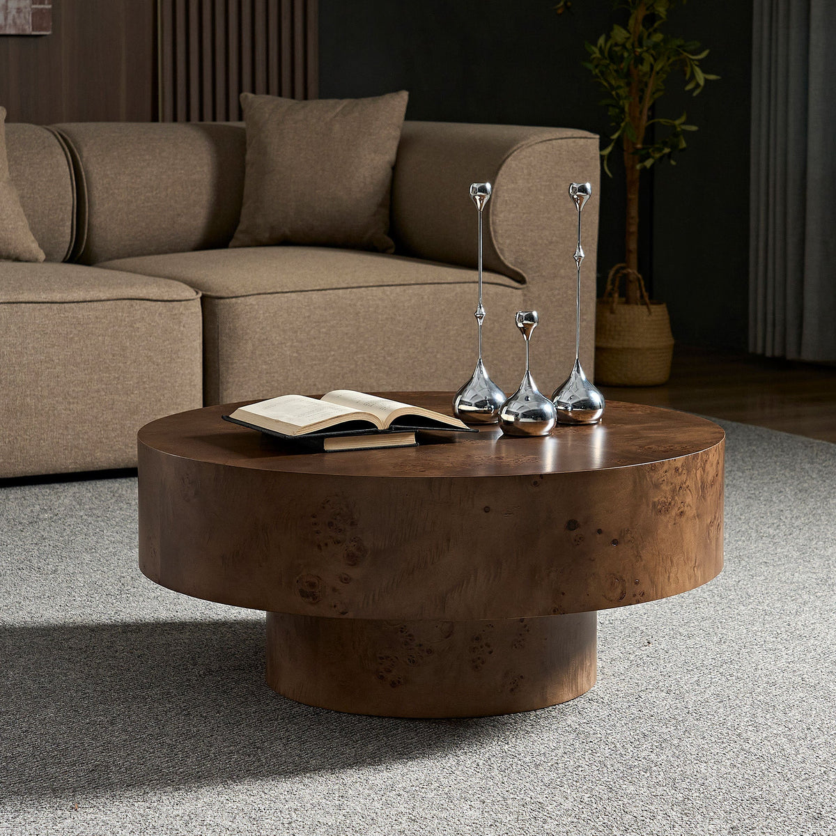 Walnut Burl Wood Veneer Round Coffee Table with Pedestal Base - Walnut, photo 2 of 16