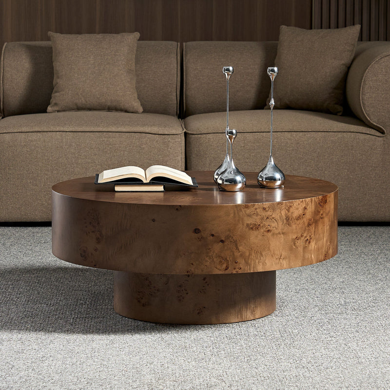 Walnut Burl Wood Veneer Round Coffee Table with Pedestal Base - Walnut, photo 3 of 16